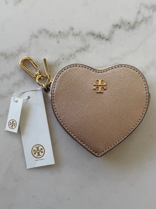 Tory Burch Accessories - Tory Burch Metallic Rose Gold Heart Leather Coin Purse Keychain Charm NWT